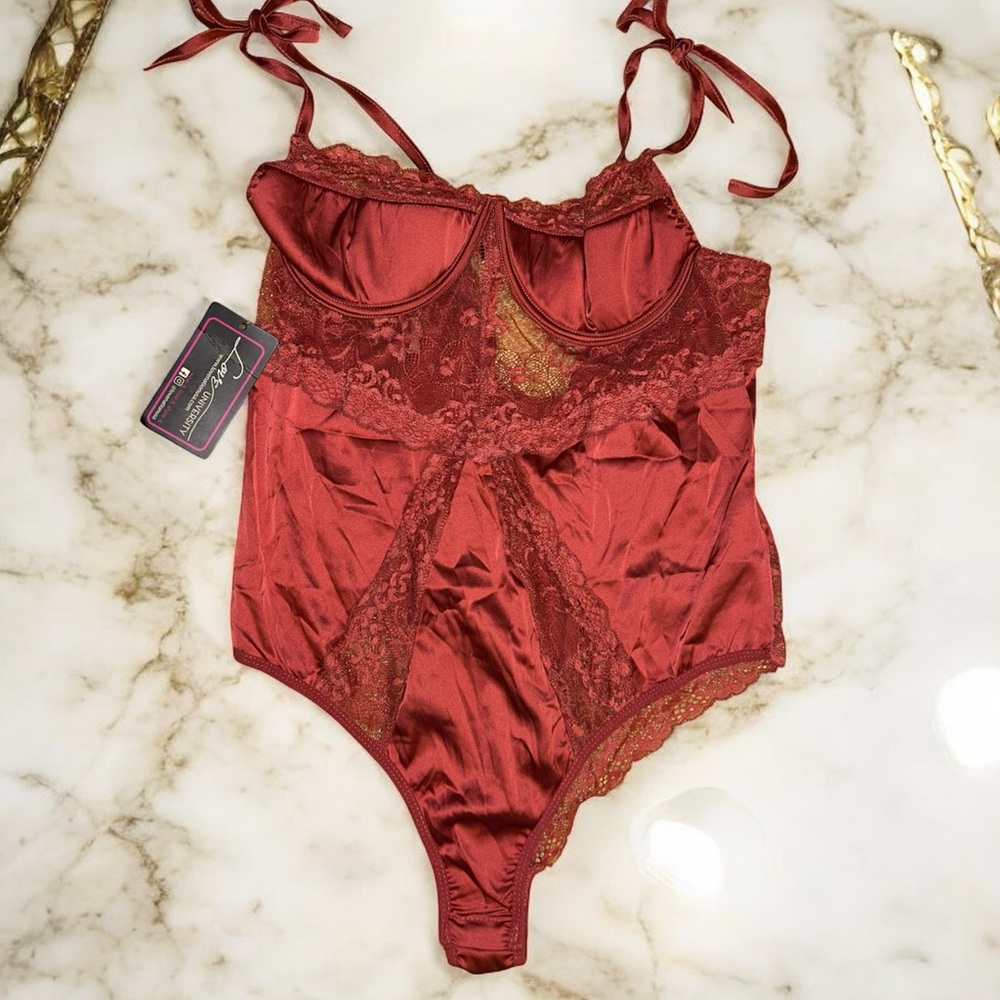 Love University silky wine hued lingerie bodysuit sheer lace peekaboos